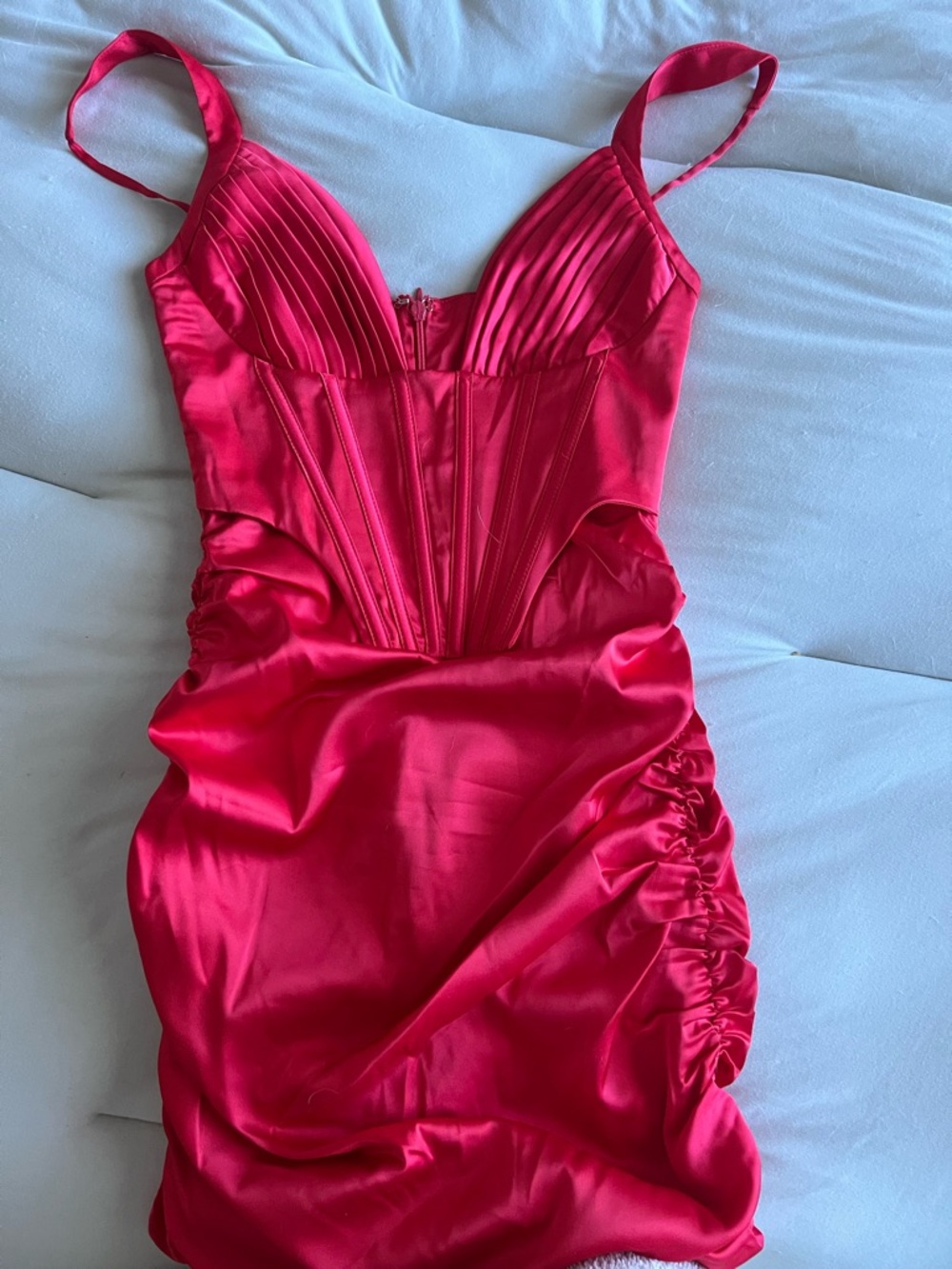 Red Satin Ruched Mini Dress with Pleated Bust